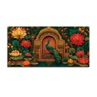 Vibrant Peacock and Red Lotus Floral Canvas Wall Painting