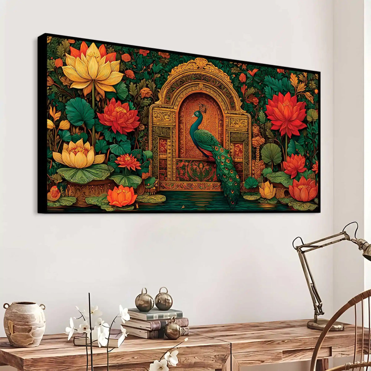 Vibrant Peacock and Red Lotus Floral Canvas Wall Painting