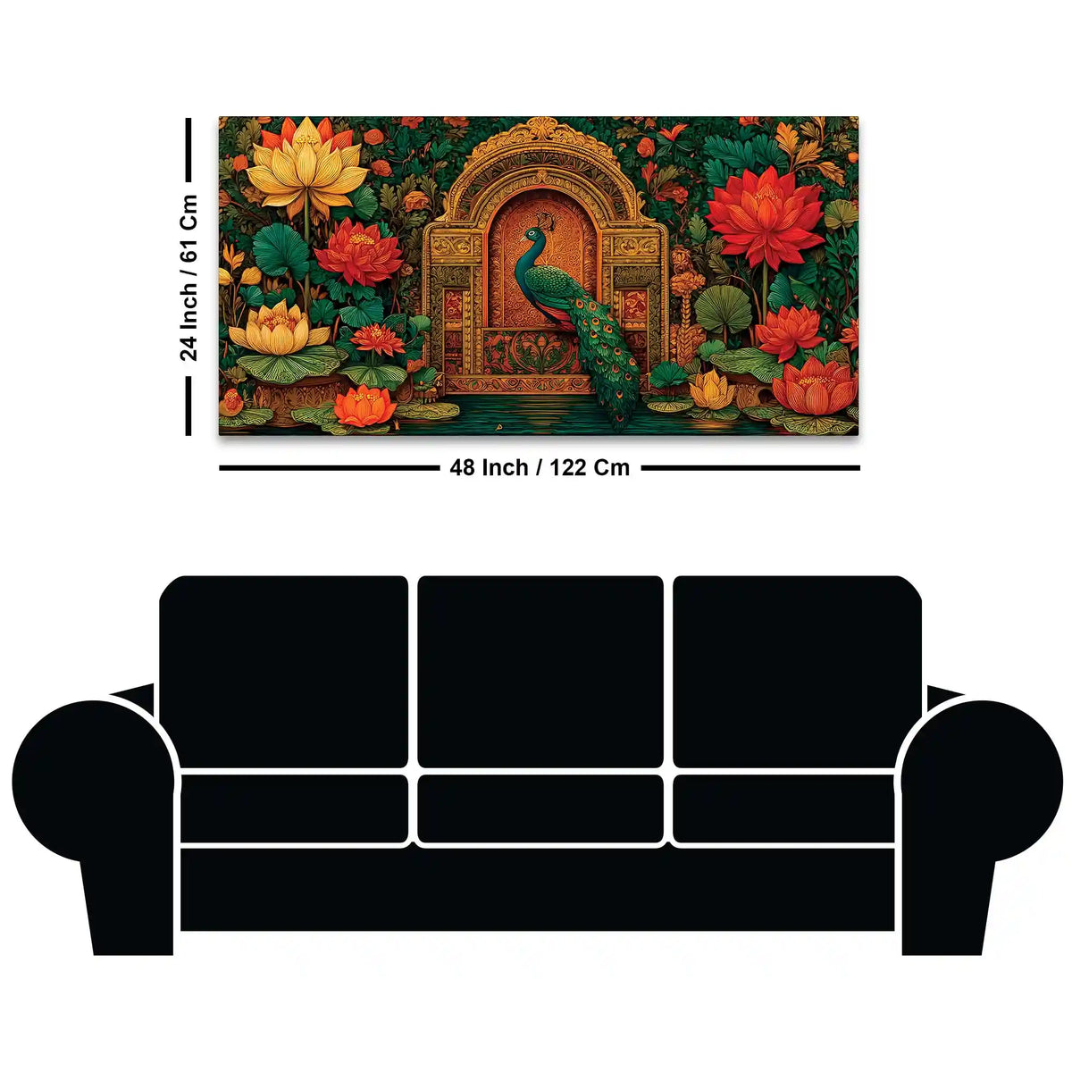 Vibrant Peacock and Red Lotus Floral Canvas Wall Painting