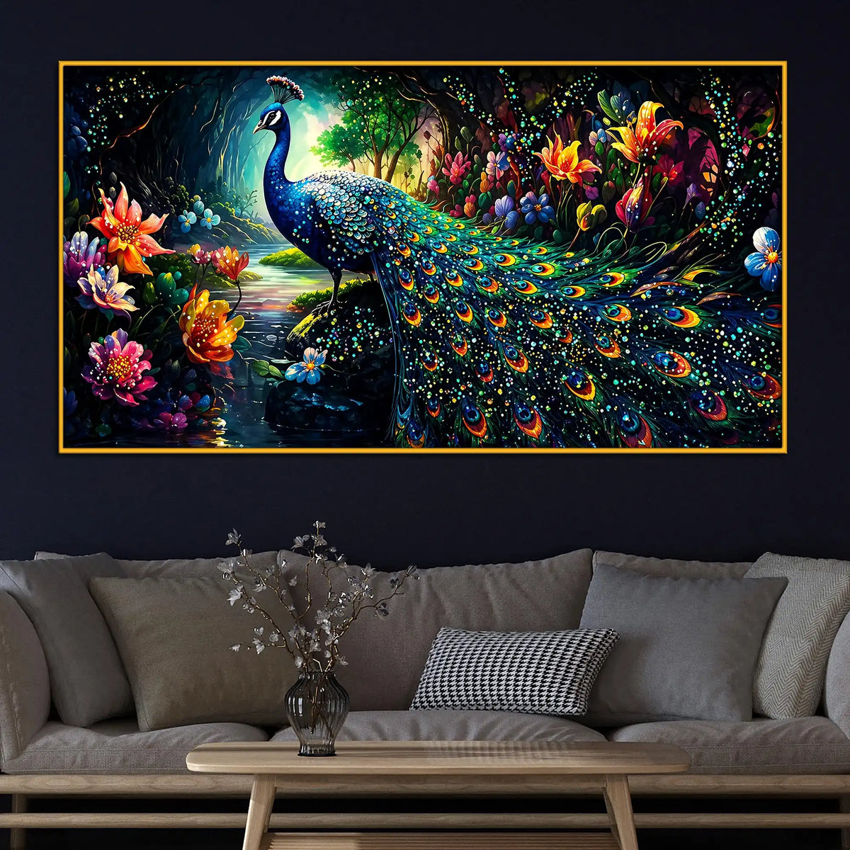 Vibrant Peacock Crystal Wall Painting with Floating Frame