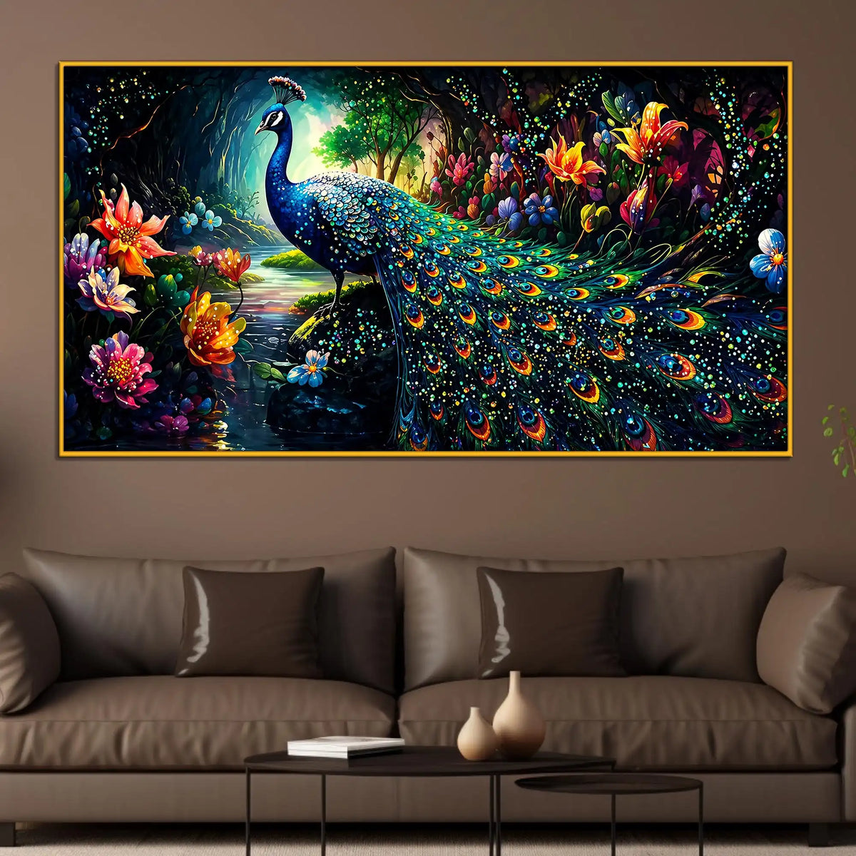 Vibrant Peacock Crystal Wall Painting with Floating Frame