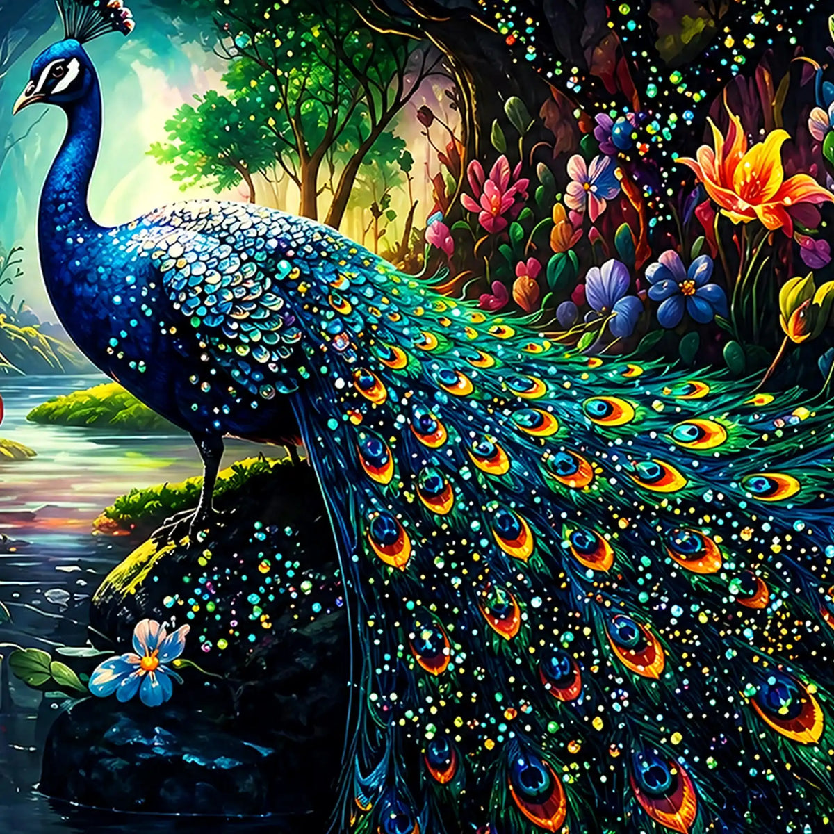 Vibrant Peacock Crystal Wall Painting with Floating Frame