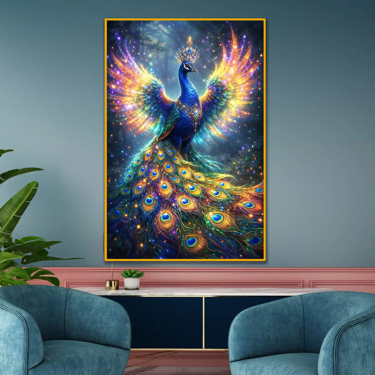Vibrant Peacock Floating Frame Crystal Wall Painting
