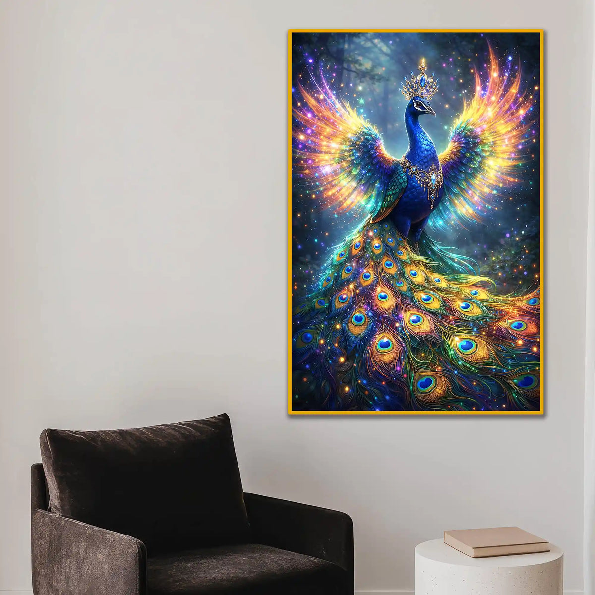 Vibrant Peacock Floating Frame Crystal Wall Painting