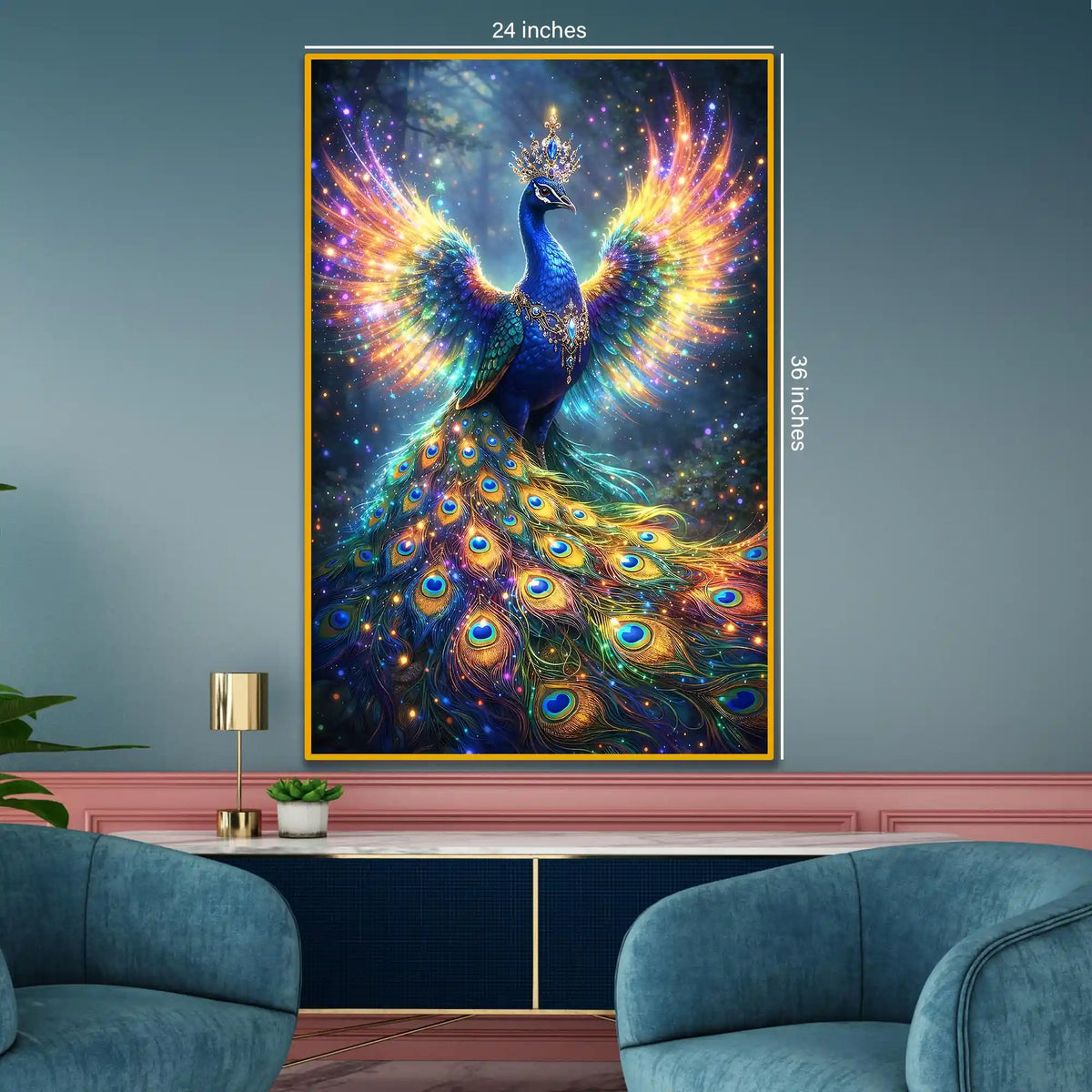 Vibrant Peacock Floating Frame Crystal Wall Painting
