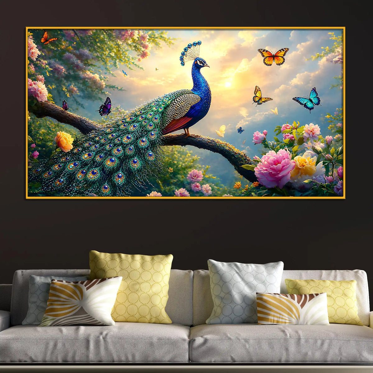 Vibrant Peacock Floral Floating Frame Crystal Wall Painting