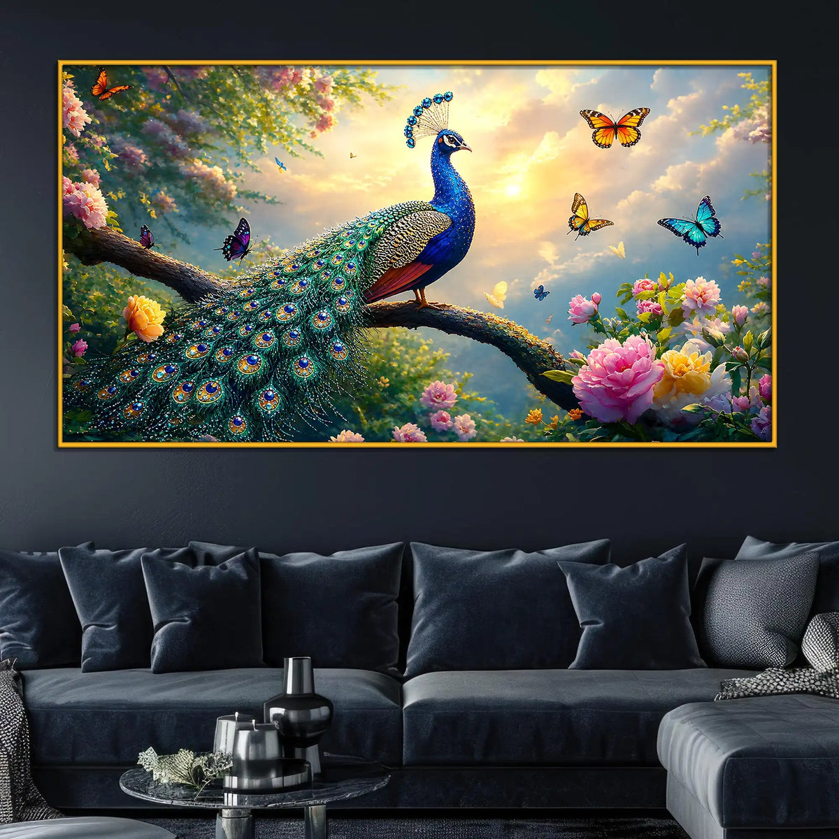Vibrant Peacock Floral Floating Frame Crystal Wall Painting