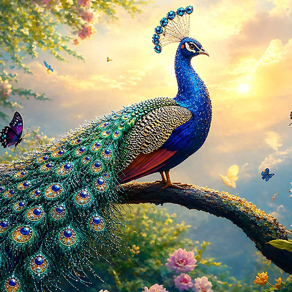Vibrant Peacock Floral Floating Frame Crystal Wall Painting