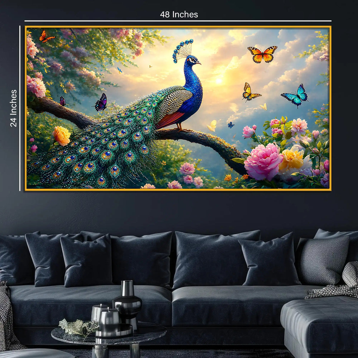Vibrant Peacock Floral Floating Frame Crystal Wall Painting
