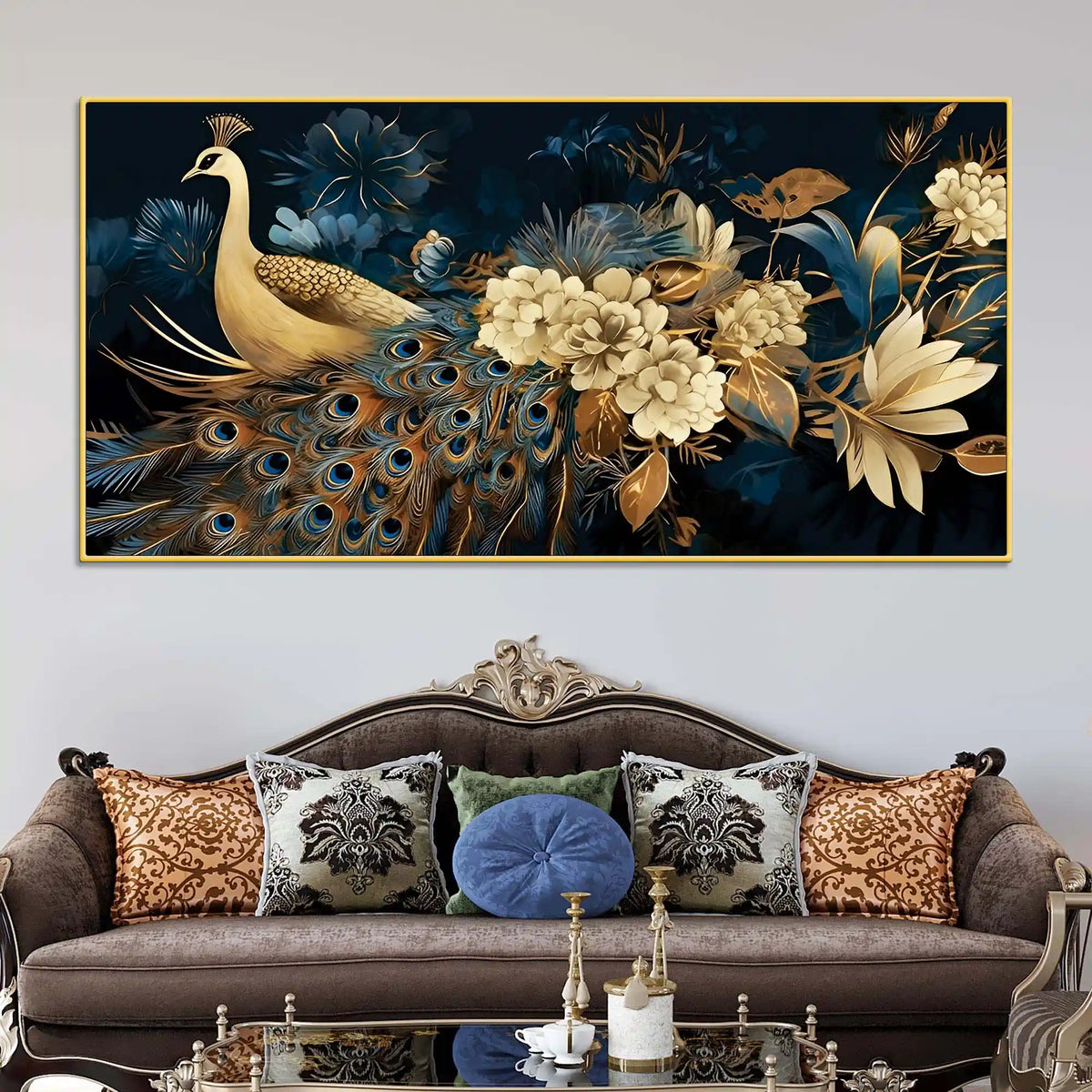 Vibrant Peacock in Golden Blossom Garden Premium Canvas Wall Painting