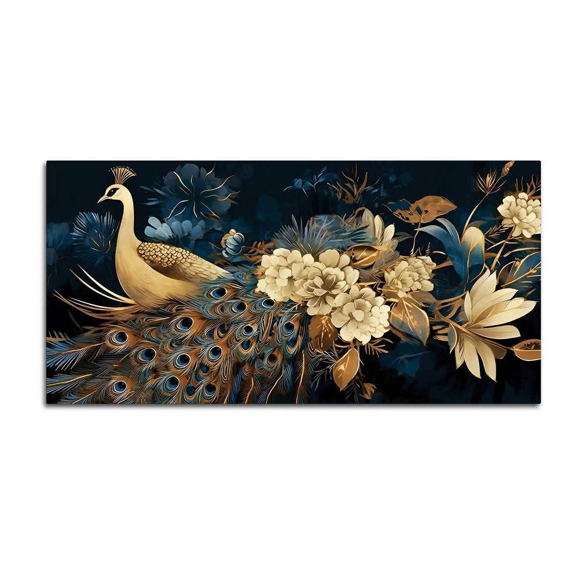 Vibrant Peacock in Golden Blossom Garden Premium Canvas Wall Painting