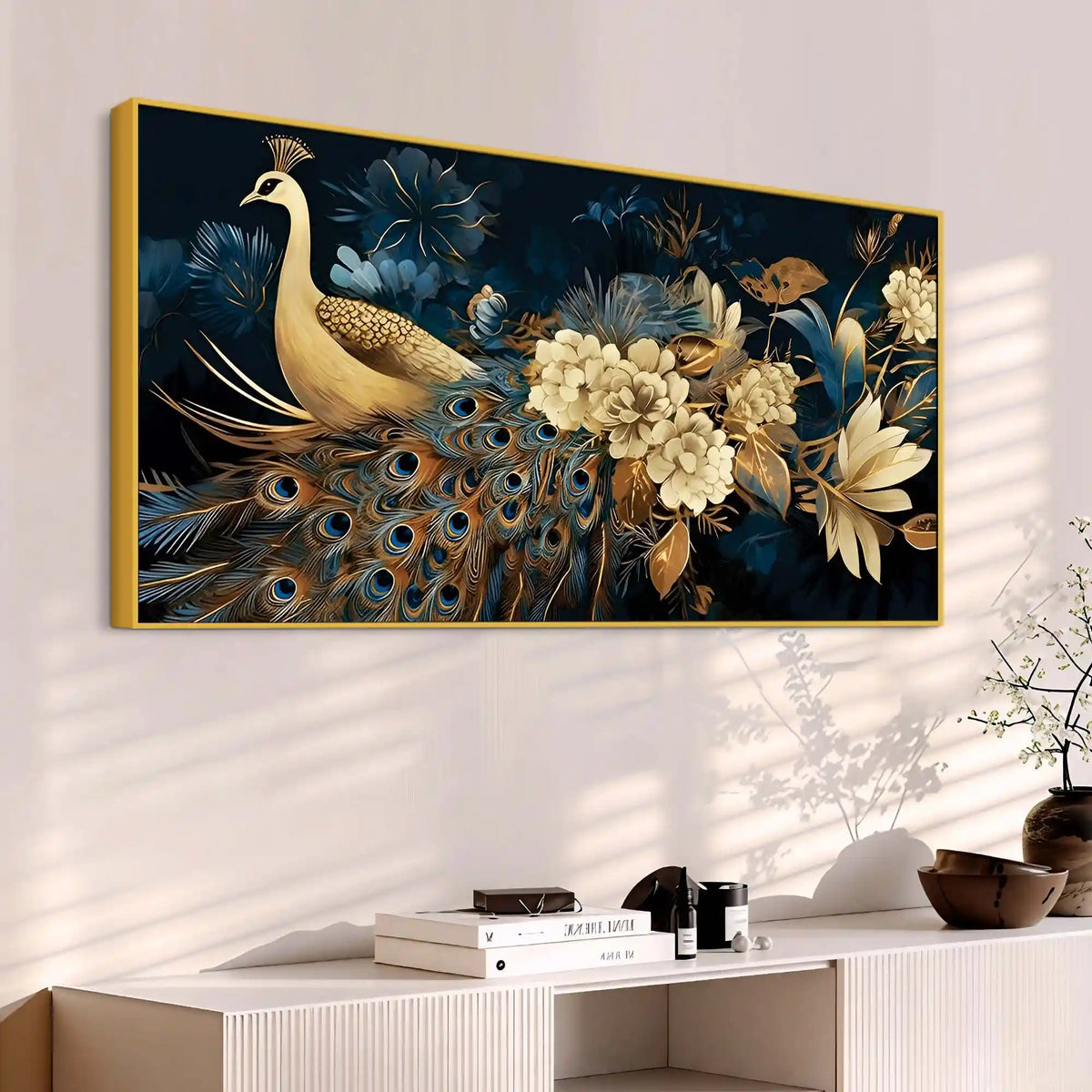 Vibrant Peacock in Golden Blossom Garden Premium Canvas Wall Painting