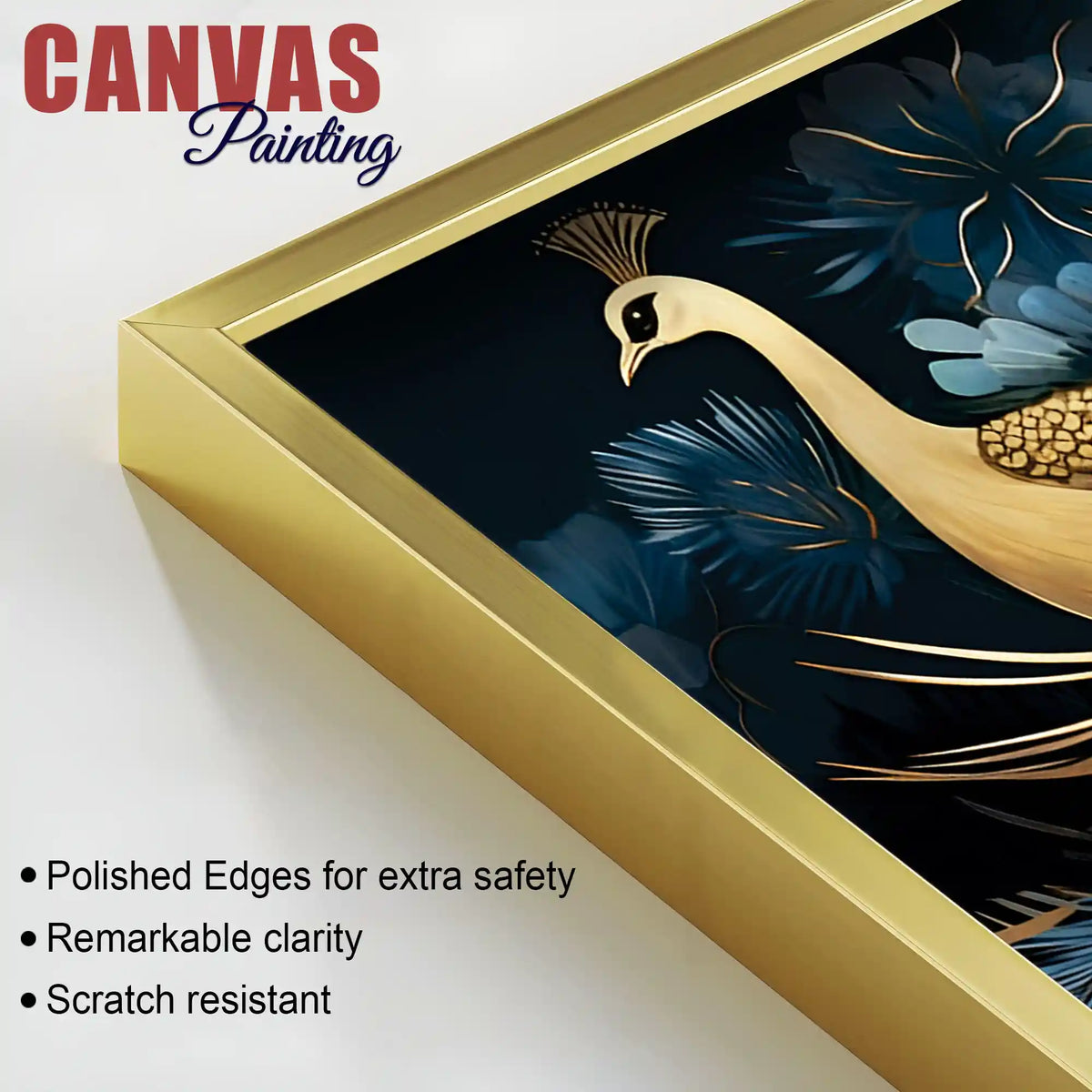 Vibrant Peacock in Golden Blossom Garden Premium Canvas Wall Painting