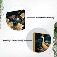Vibrant Peacock in Golden Blossom Garden Premium Canvas Wall Painting