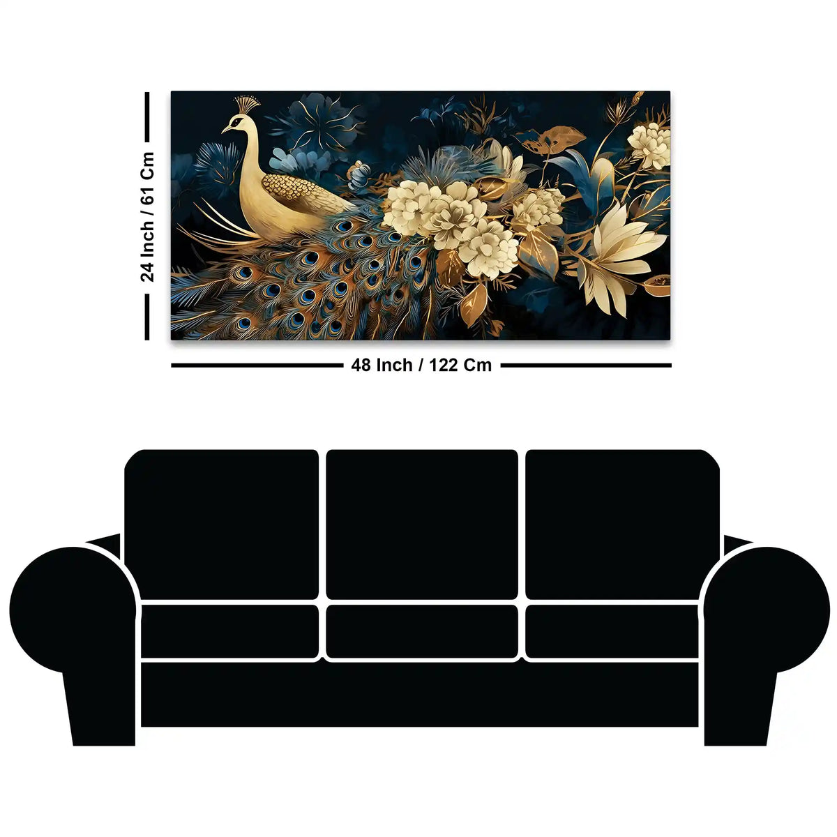 Vibrant Peacock in Golden Blossom Garden Premium Canvas Wall Painting