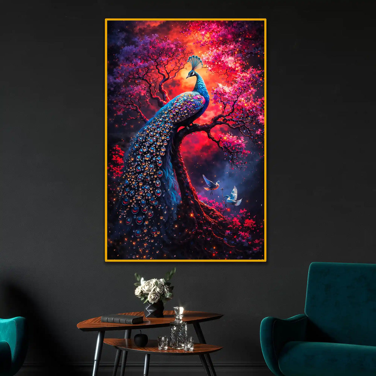 Vibrant Peacock Nature Scene Floating Frame Crystal Wall Painting