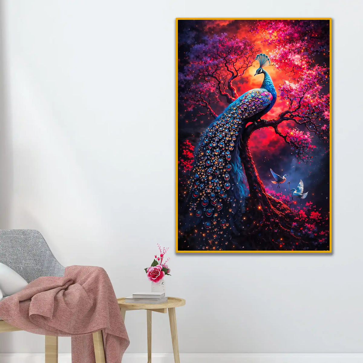 Vibrant Peacock Nature Scene Floating Frame Crystal Wall Painting