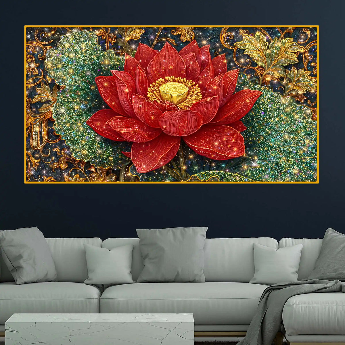 Vibrant Red Lotus Painting Crystal Glass Wall Art for Luxury Décor