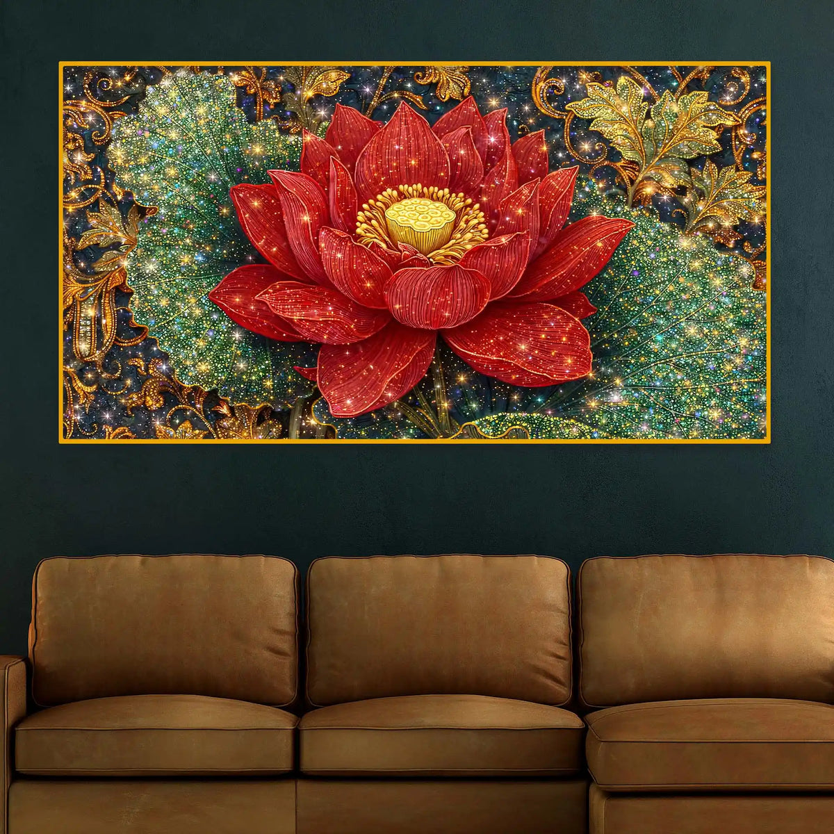 Vibrant Red Lotus Painting Crystal Glass Wall Art for Luxury Décor