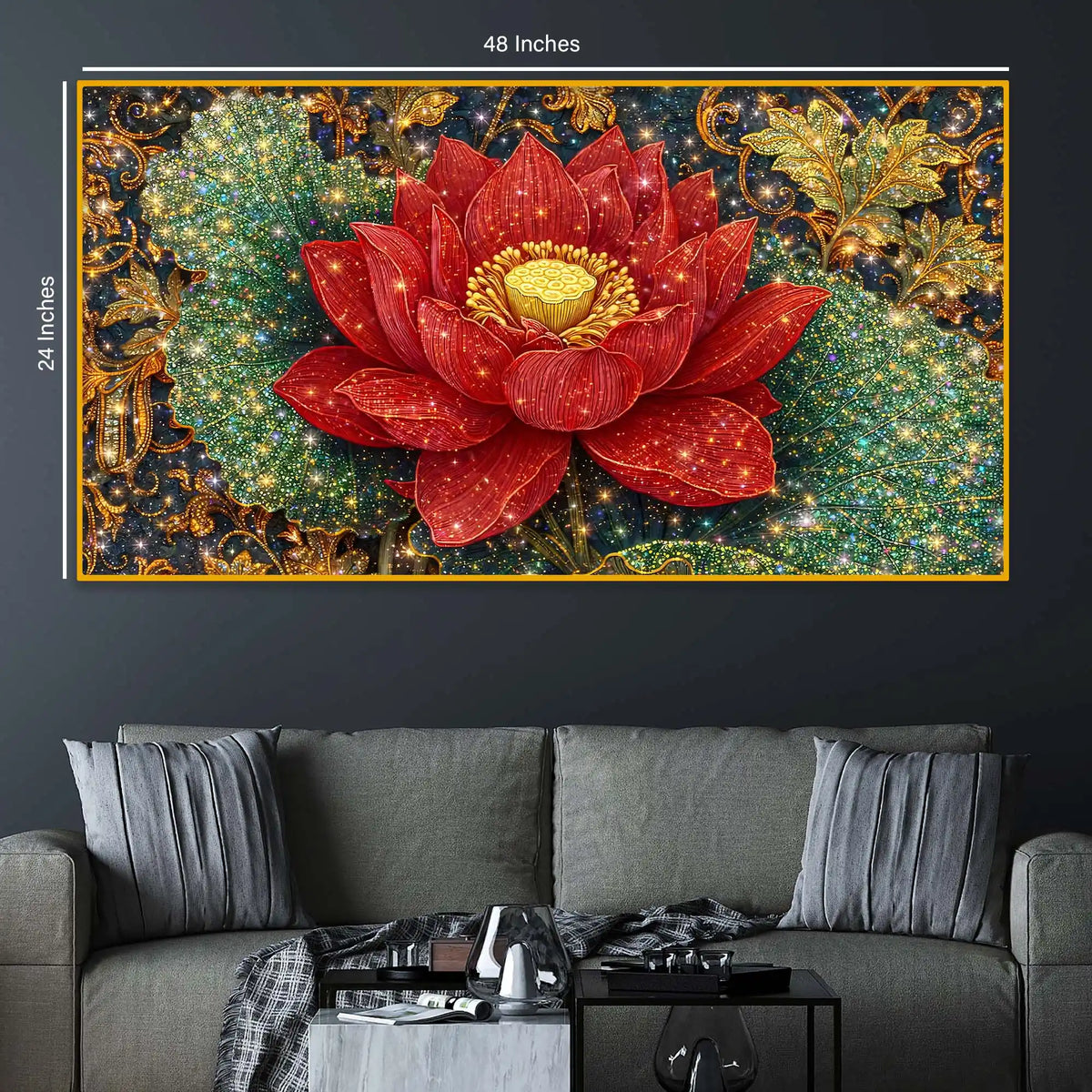 Vibrant Red Lotus Painting Crystal Glass Wall Art for Luxury Décor