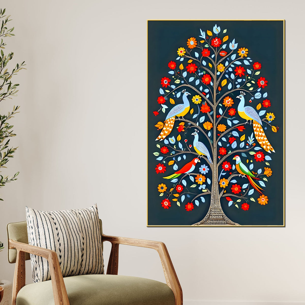 Vibrant Tree of Life Birds & Flowers Canvas Painting