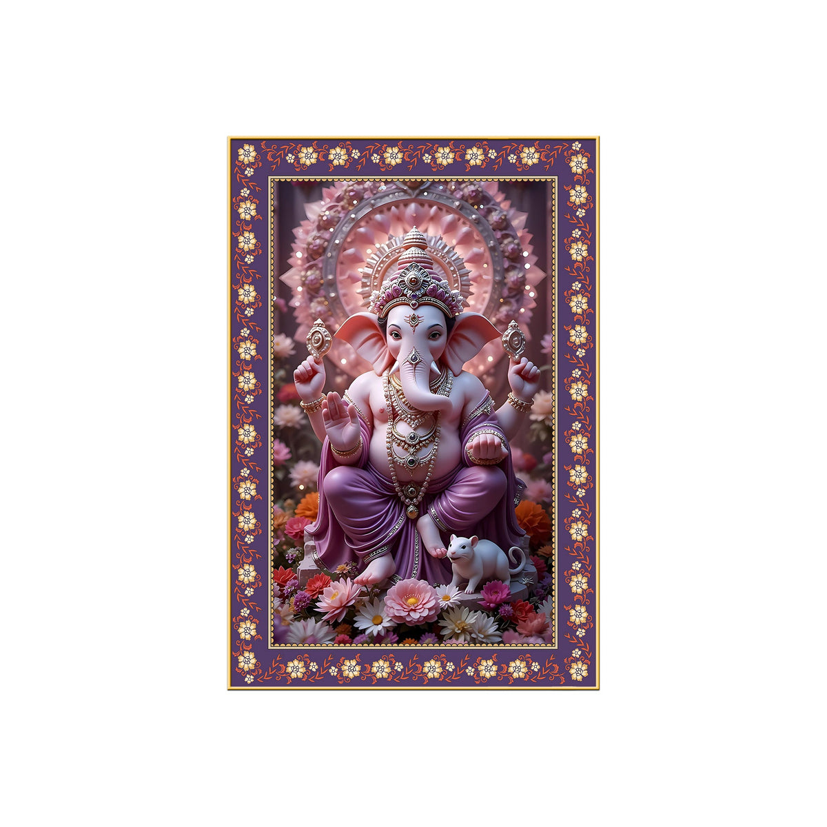 Vighnaharta Shree Ganesh Floral Border Vertical Wall Painting
