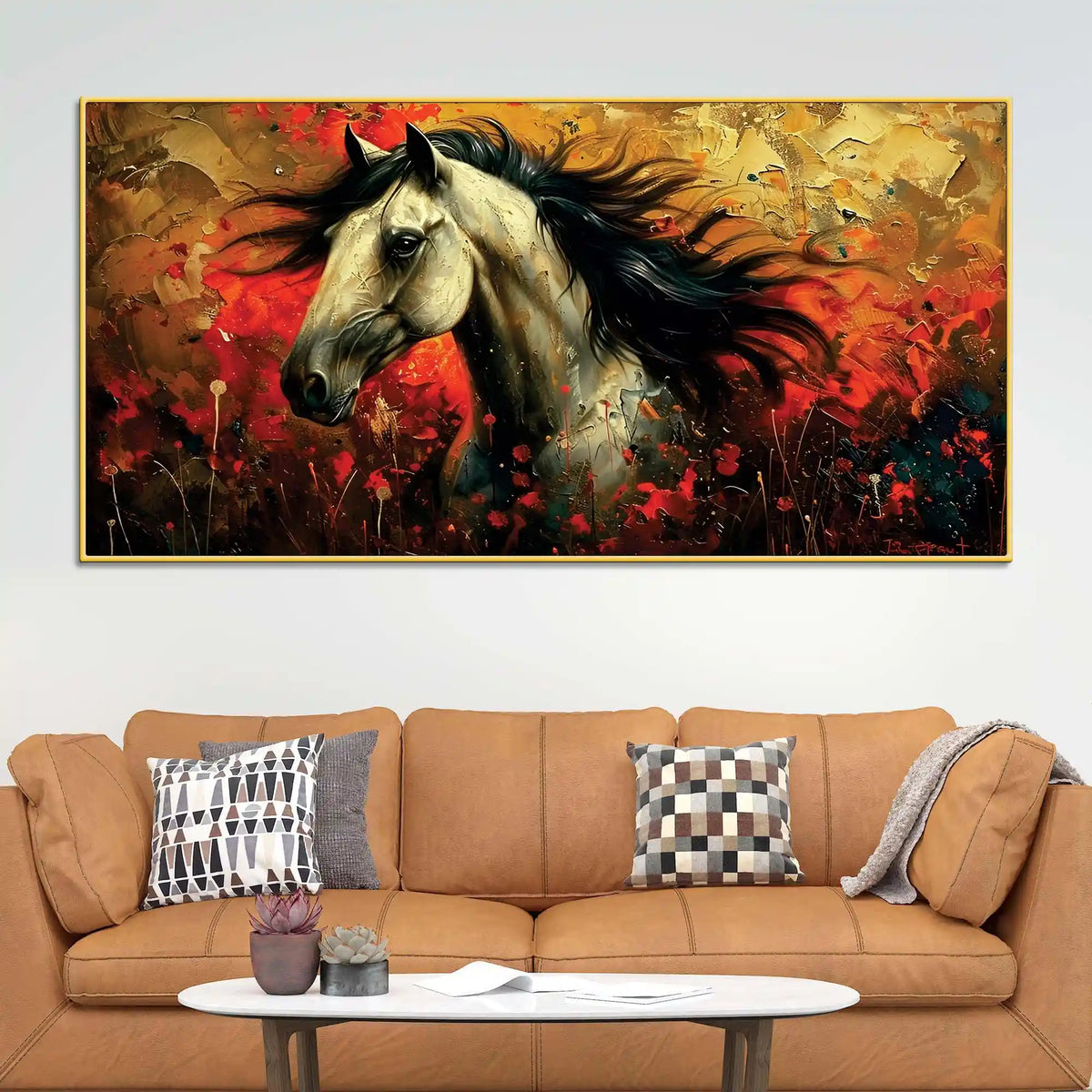 Vivid Horse with Bold Abstract Red and Golden Background Canvas Wall Painting