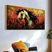 Vivid Horse with Bold Abstract Red and Golden Background Canvas Wall Painting