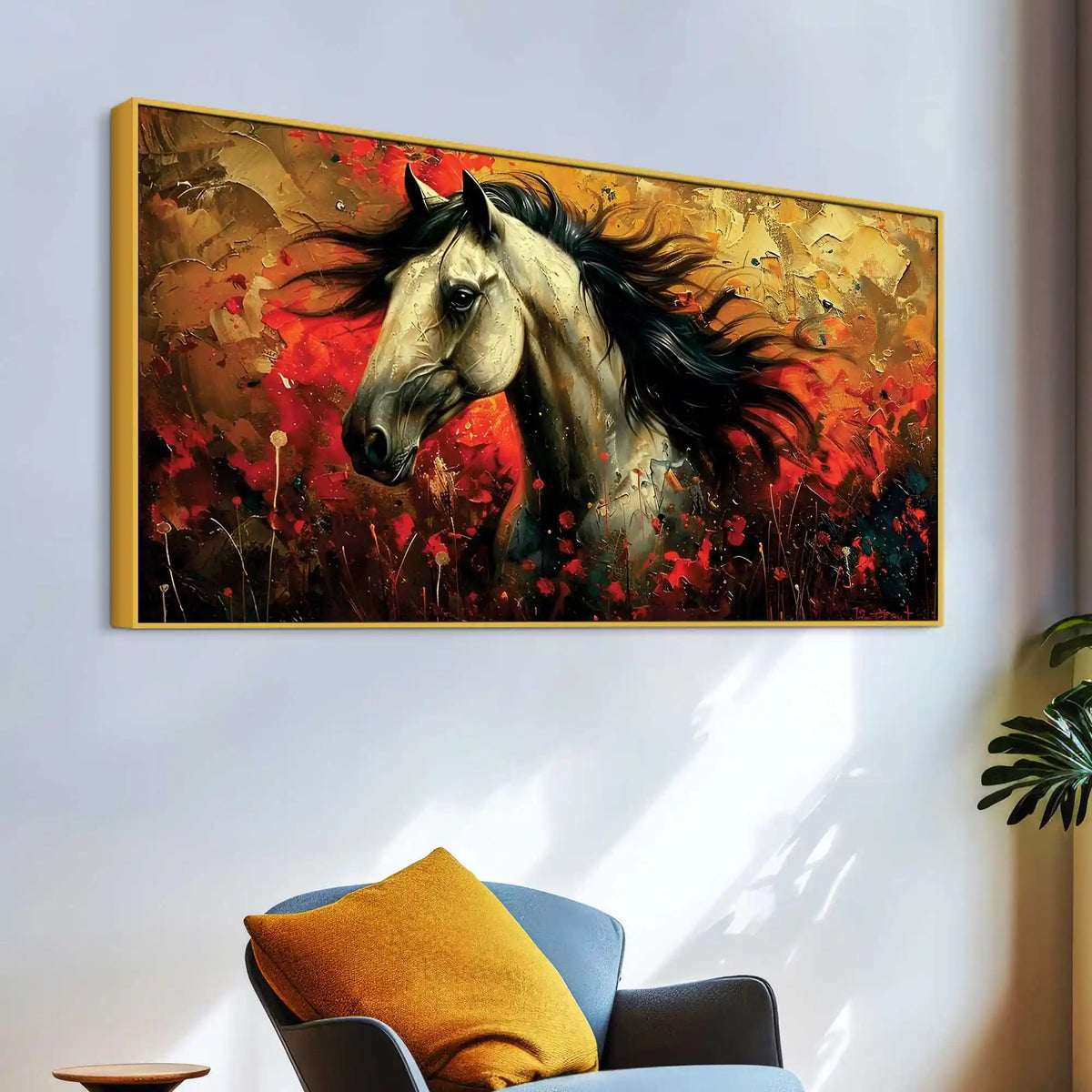 Vivid Horse with Bold Abstract Red and Golden Background Canvas Wall Painting