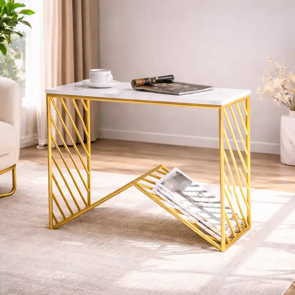 W-Base White Marble Top Console Table