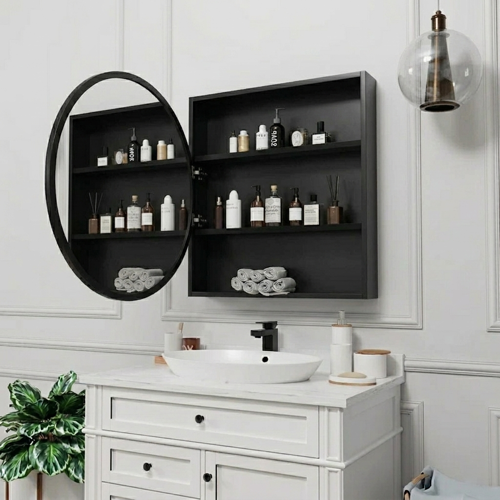 Wall Mounted Circle Mirror with Sleek Black Frame