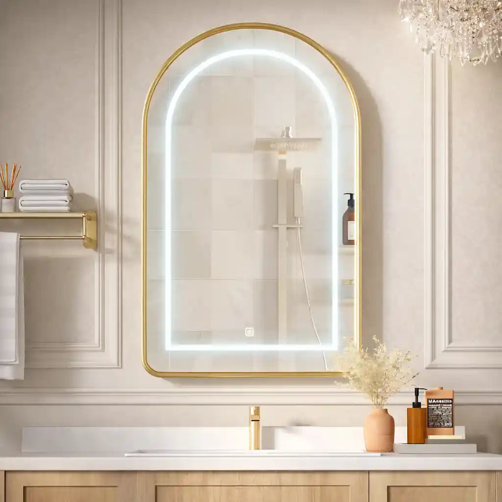 Wall Mounted LED Vanity Mirror Cabinet with Curved Design and Gold Trim