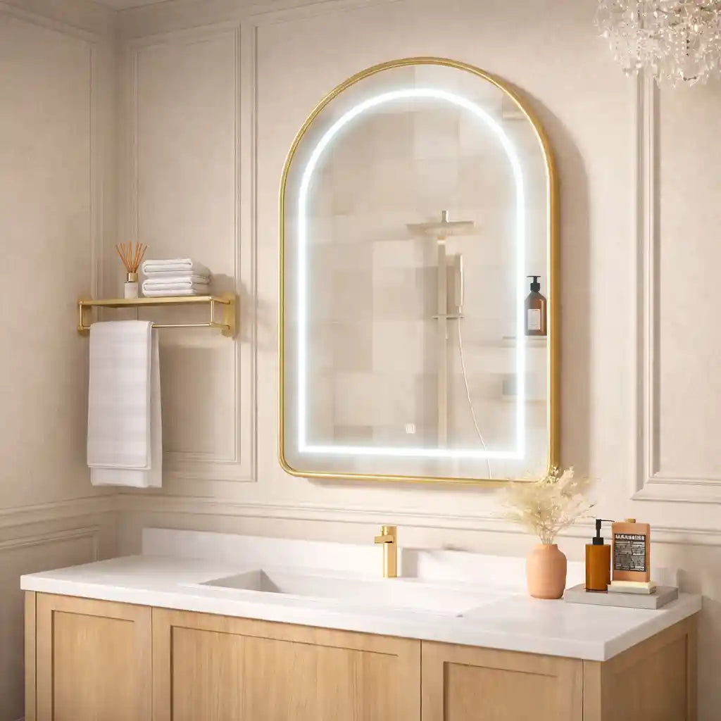 Wall Mounted LED Vanity Mirror Cabinet with Curved Design and Gold Trim