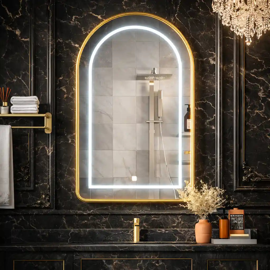 Wall Mounted LED Vanity Mirror Cabinet with Curved Design and Gold Trim