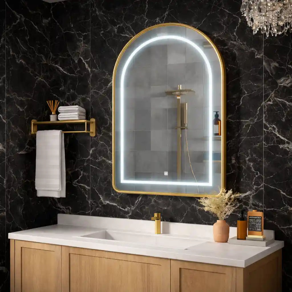 Wall Mounted LED Vanity Mirror Cabinet with Curved Design and Gold Trim