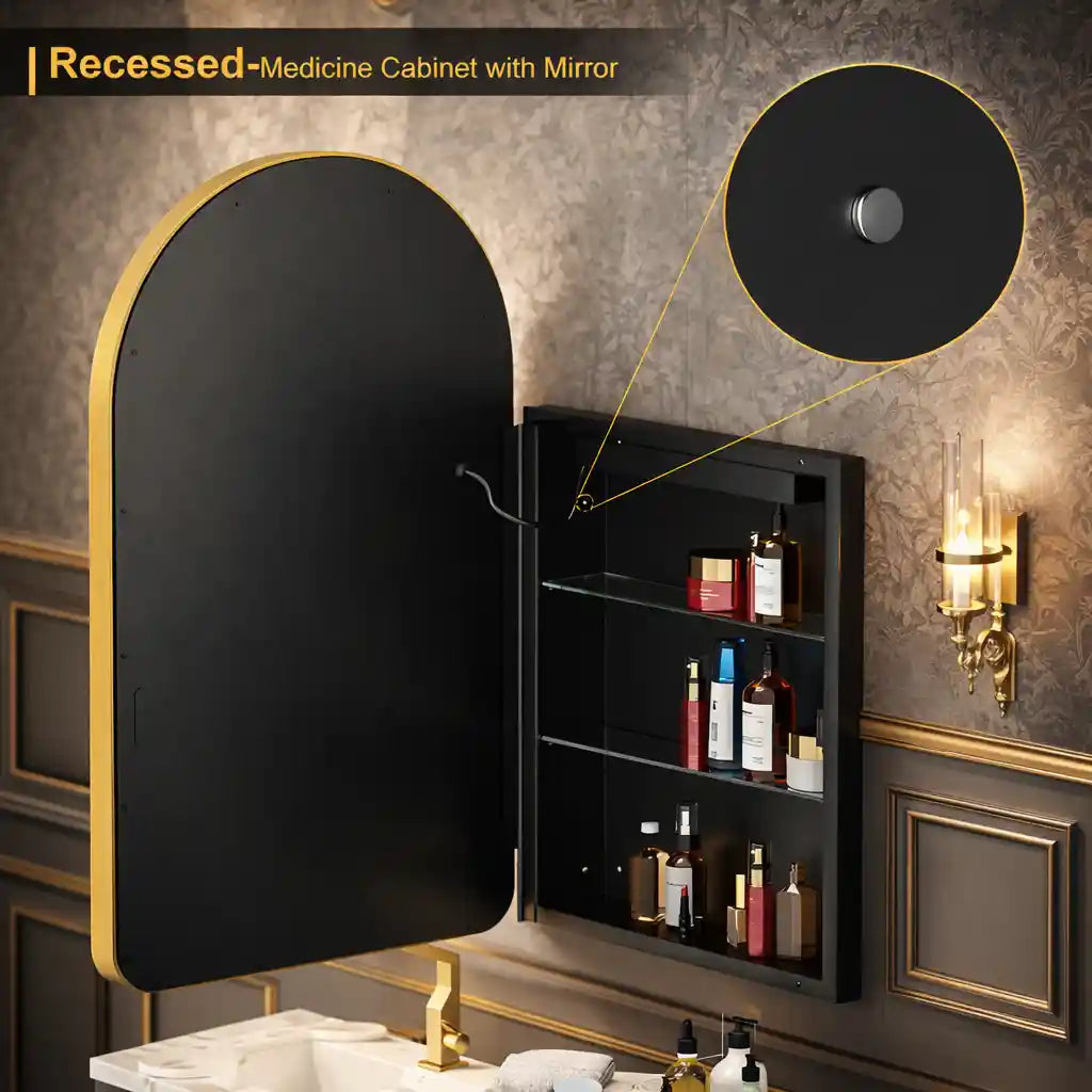 Wall Mounted LED Vanity Mirror Cabinet with Curved Design and Gold Trim