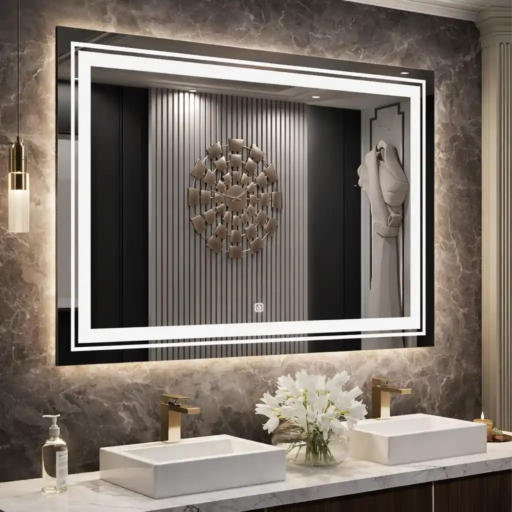Wall Mounted Oversized Bathroom Mirror with Double LED Frame