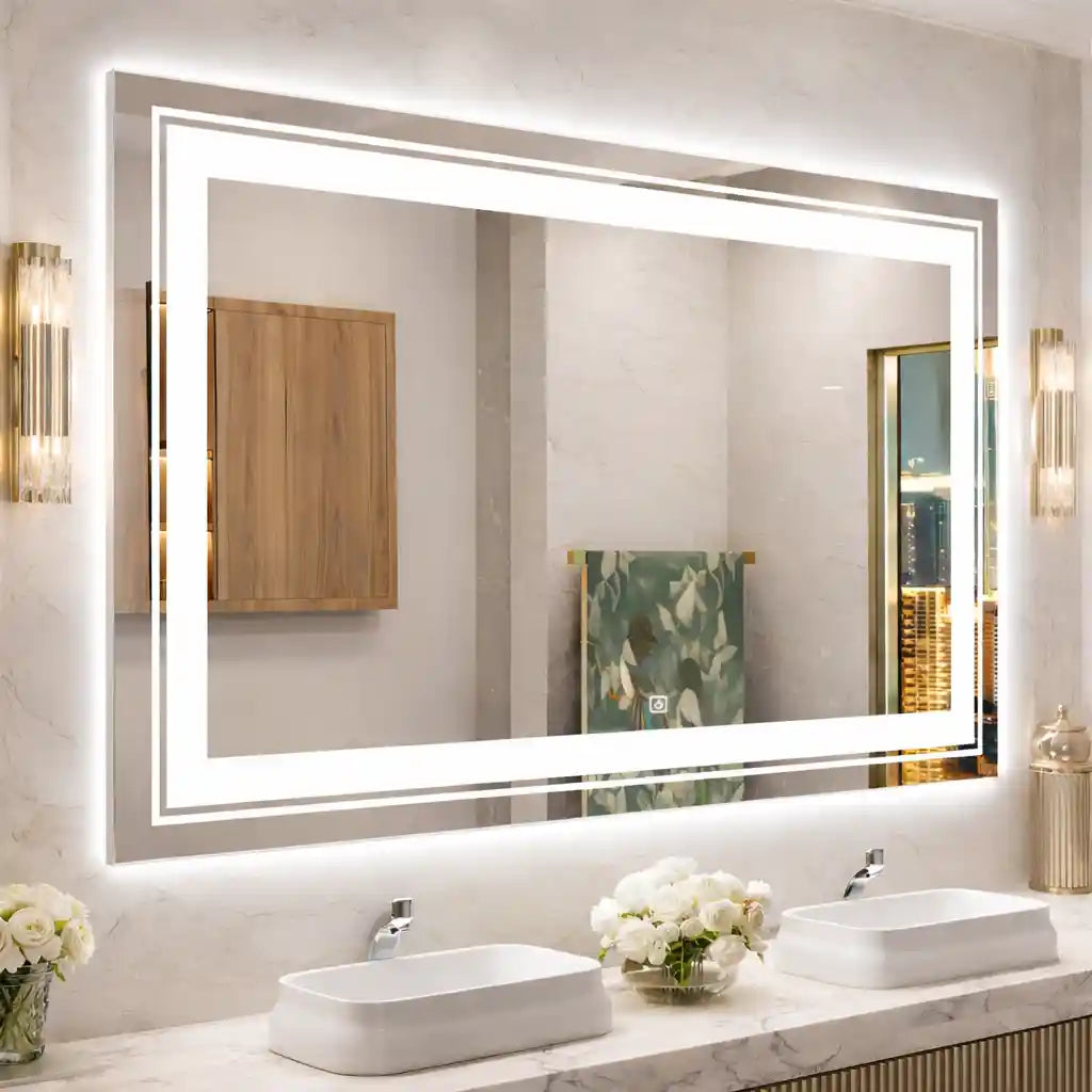 Wall Mounted Oversized Bathroom Mirror with Double LED Frame