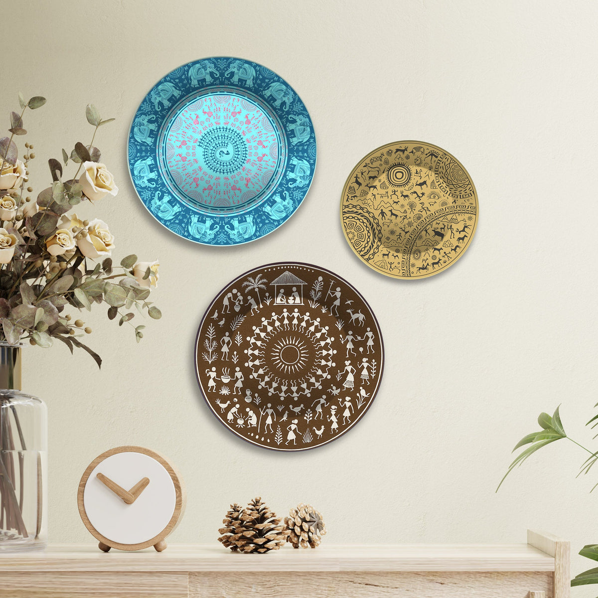 Warli and Tribal Art Village Vibes Premium Wall Plates Painting Set of 3