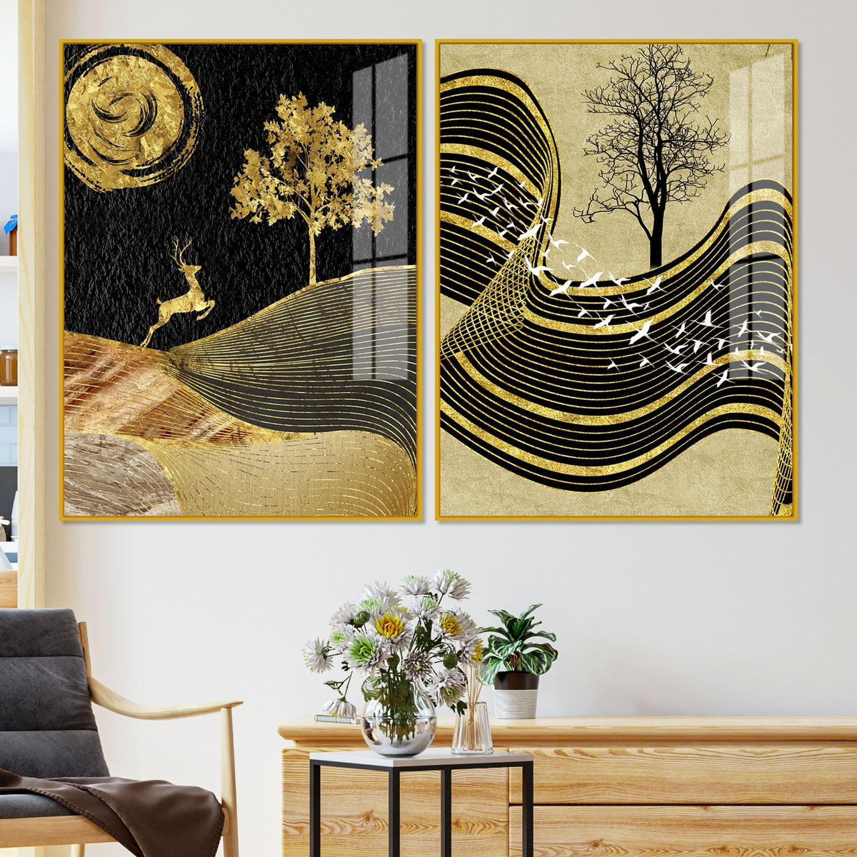 Wavy Golden Lines Mountains Premium Acrylic Floating Wall Painting Set Of 2