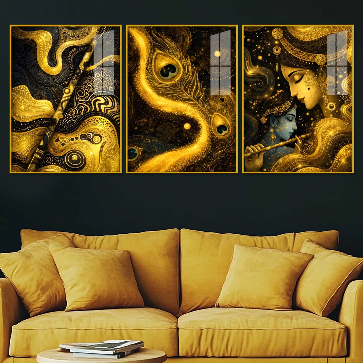 Whispers of the Divine Flute Acrylic Floating Frame Wall Painting Set of 3