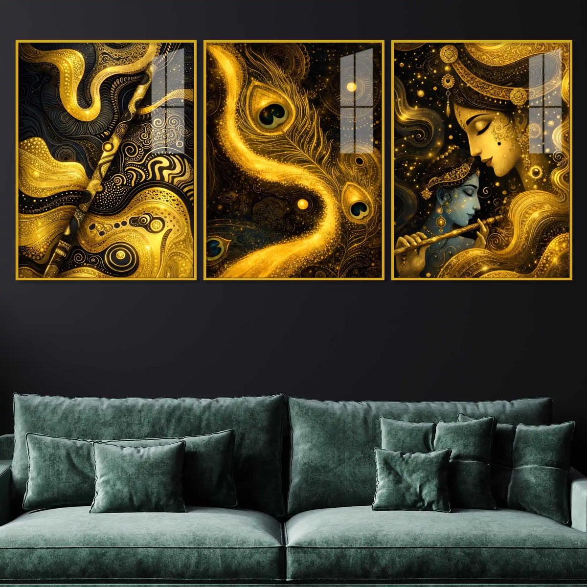 Whispers of the Divine Flute Acrylic Floating Frame Wall Painting Set of 3