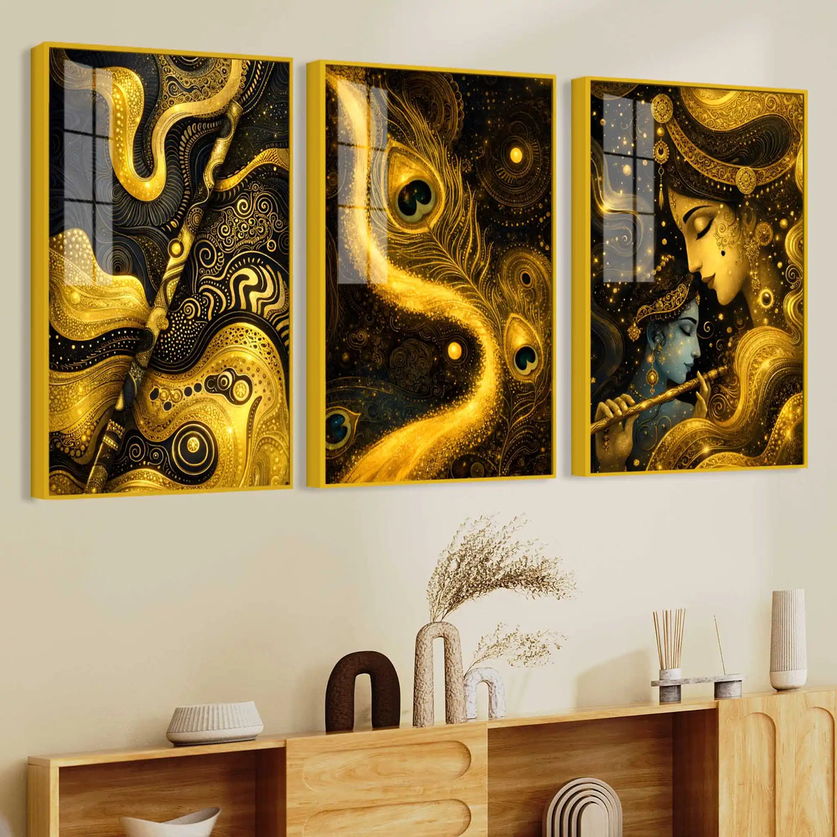 Whispers of the Divine Flute Acrylic Floating Frame Wall Painting Set of 3
