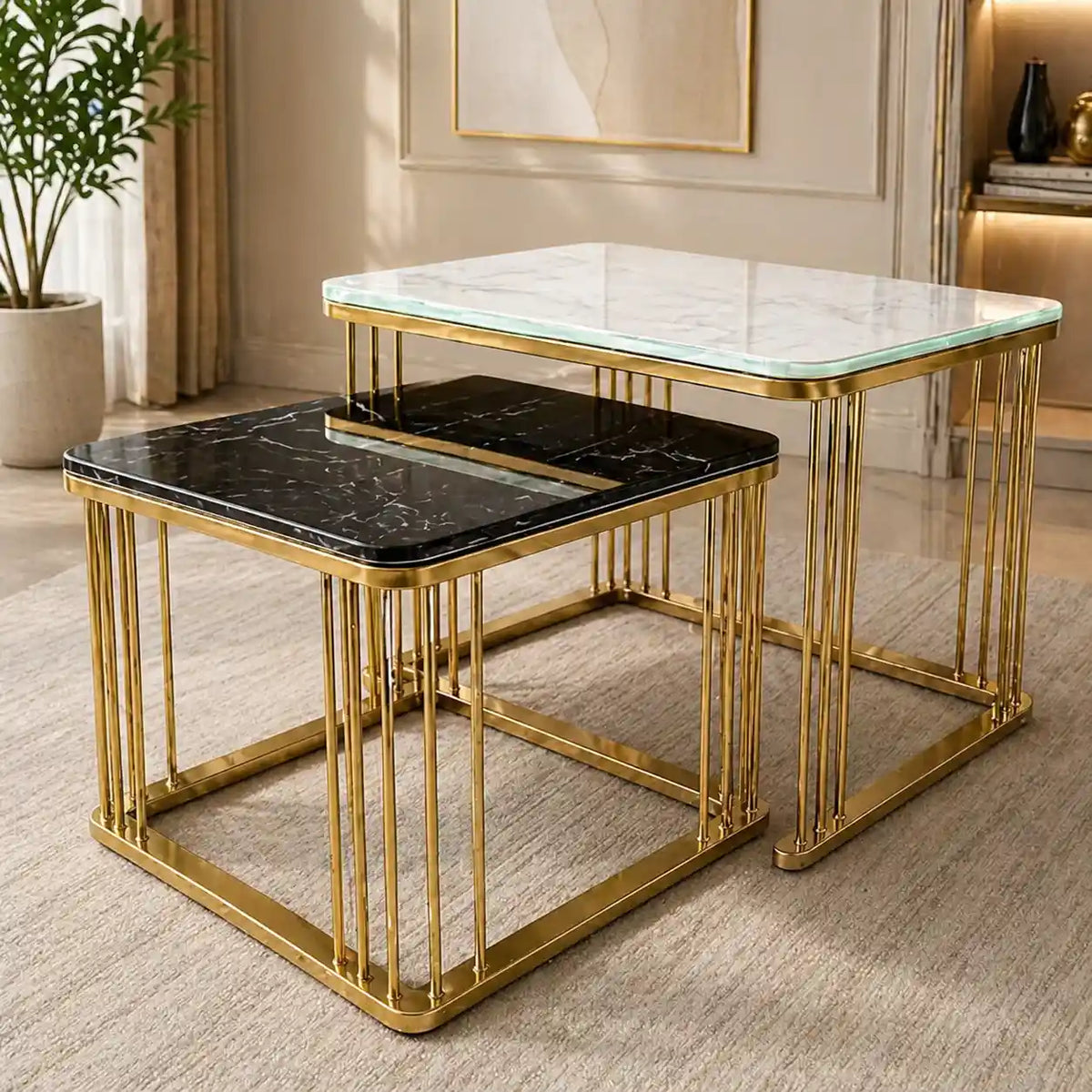 White & Black Square Shape Metallic Marble Table Set of 2