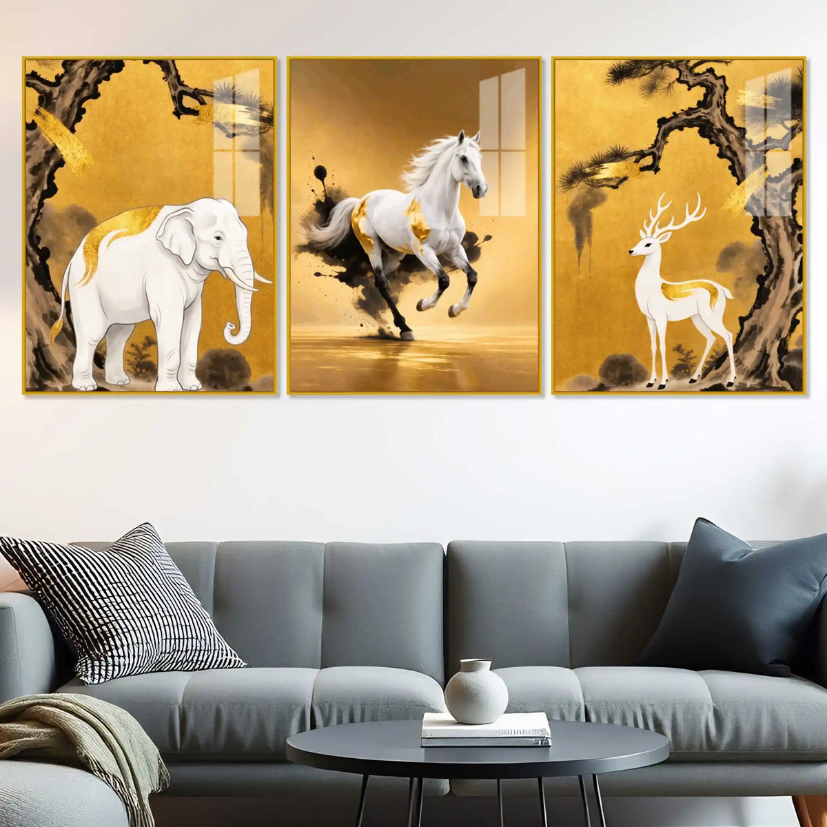 White Elephant Horse & Deer Floating Acrylic Wall Painting Set of 3