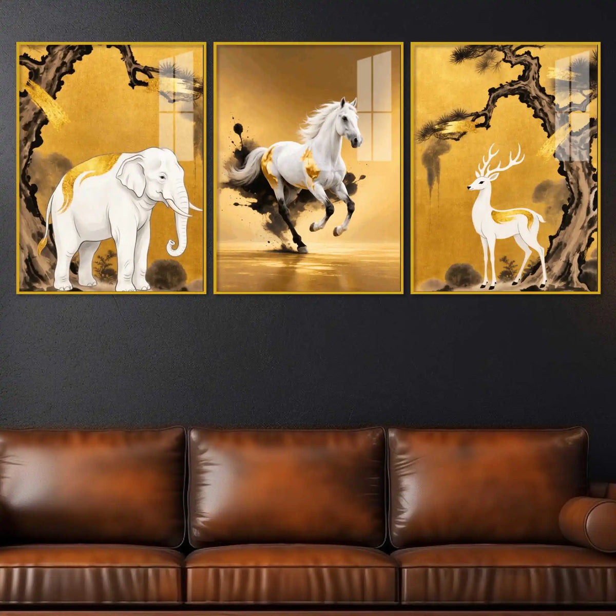 White Elephant Horse & Deer Floating Acrylic Wall Painting Set of 3