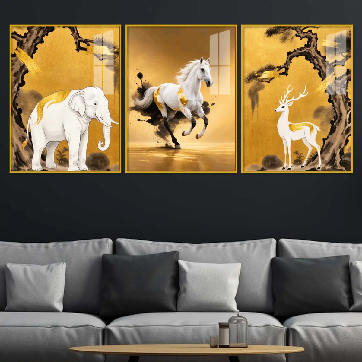 White Elephant Horse & Deer Floating Acrylic Wall Painting Set of 3