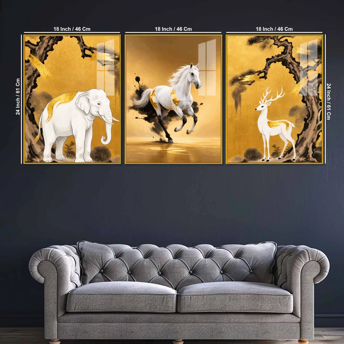White Elephant Horse & Deer Floating Acrylic Wall Painting Set of 3