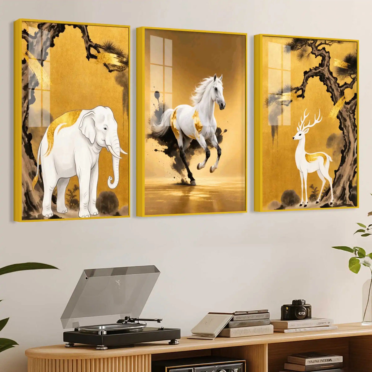 White Elephant Horse & Deer Floating Acrylic Wall Painting Set of 3