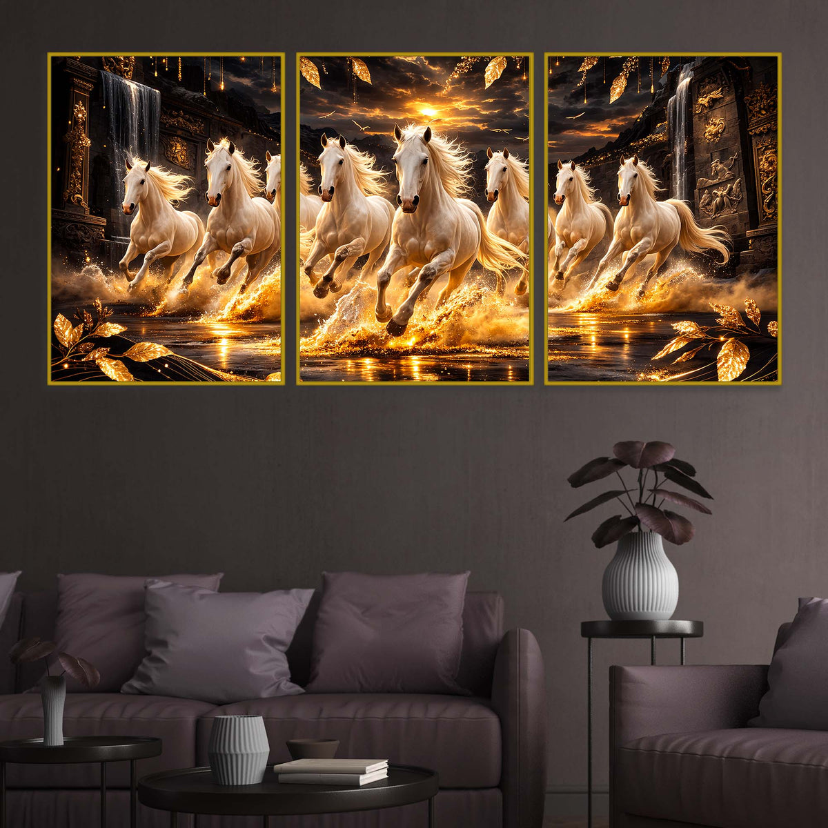 White Horses Running In Golden Splashing Water Floating Frame Crystal Wall Painting Set of 3